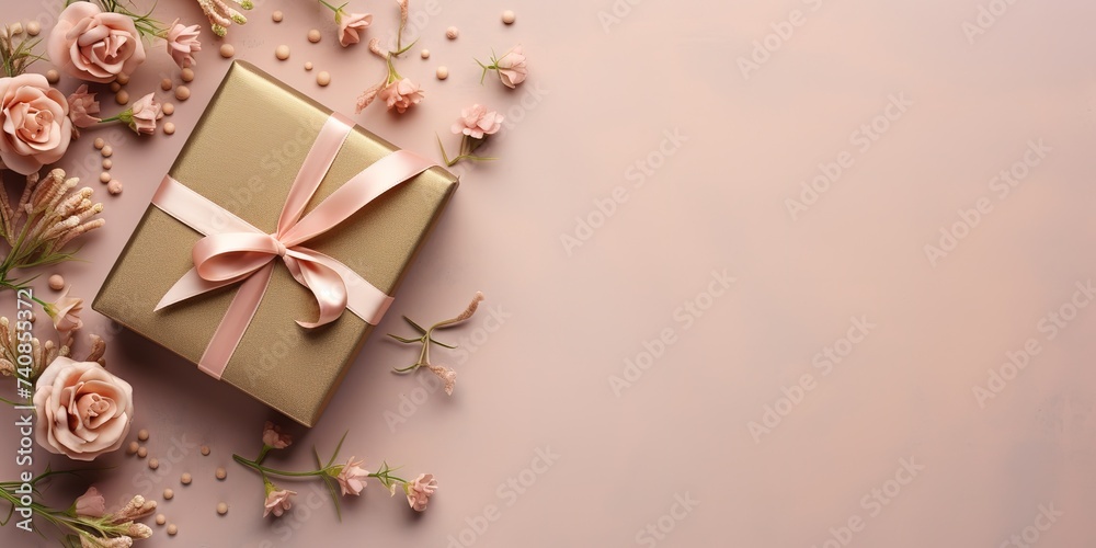 A brown gift box with a pink ribbon and pink roses on a pink background with an empty space on the right A brown gift box with a pink ribbon and pink roses on a pink background with an empty space on the right