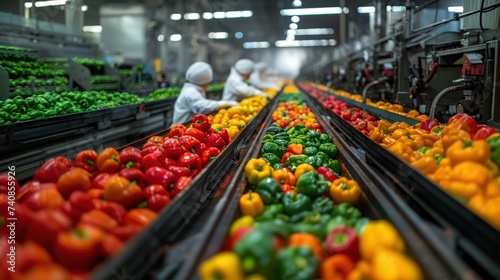bell pepper production line Employees wear sanitary wear Including a white hat Bell peppers are arranged by color. on the conveyor belt