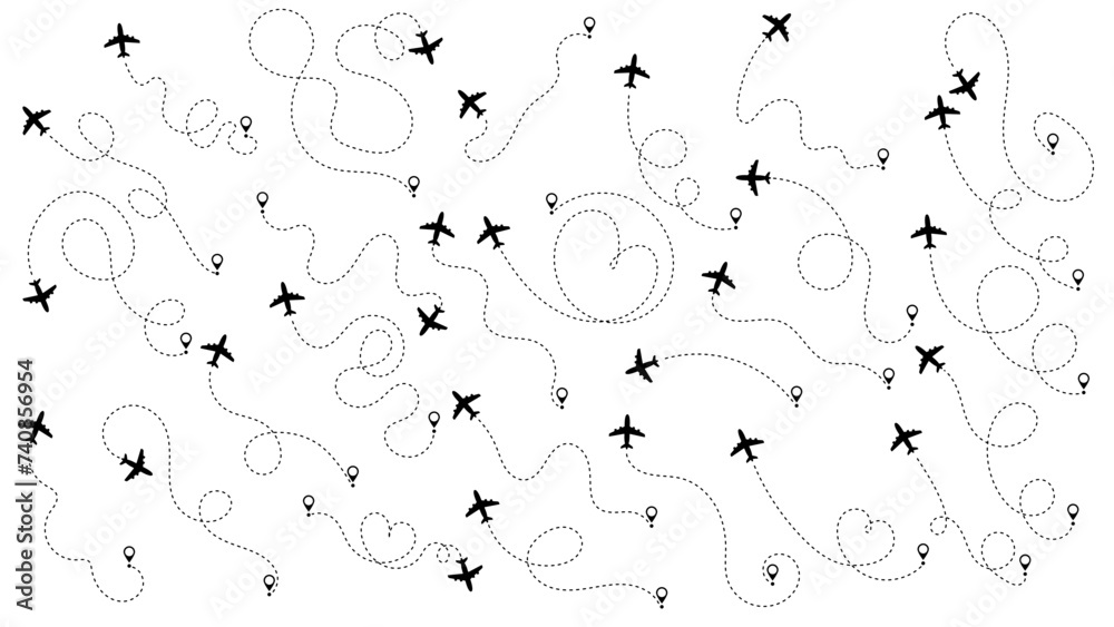 Airplane or aeroplane routes path set. Travel concept from start point and dotted line tracing. Aircraft tracking, plane path, travel, map pins, location pins. Vector illustration. Zigzag road