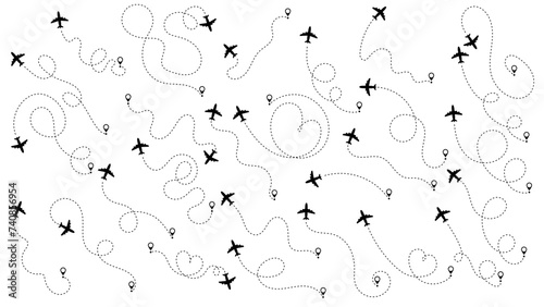 Airplane or aeroplane routes path set. Travel concept from start point and dotted line tracing. Aircraft tracking, plane path, travel, map pins, location pins. Vector illustration. Zigzag road