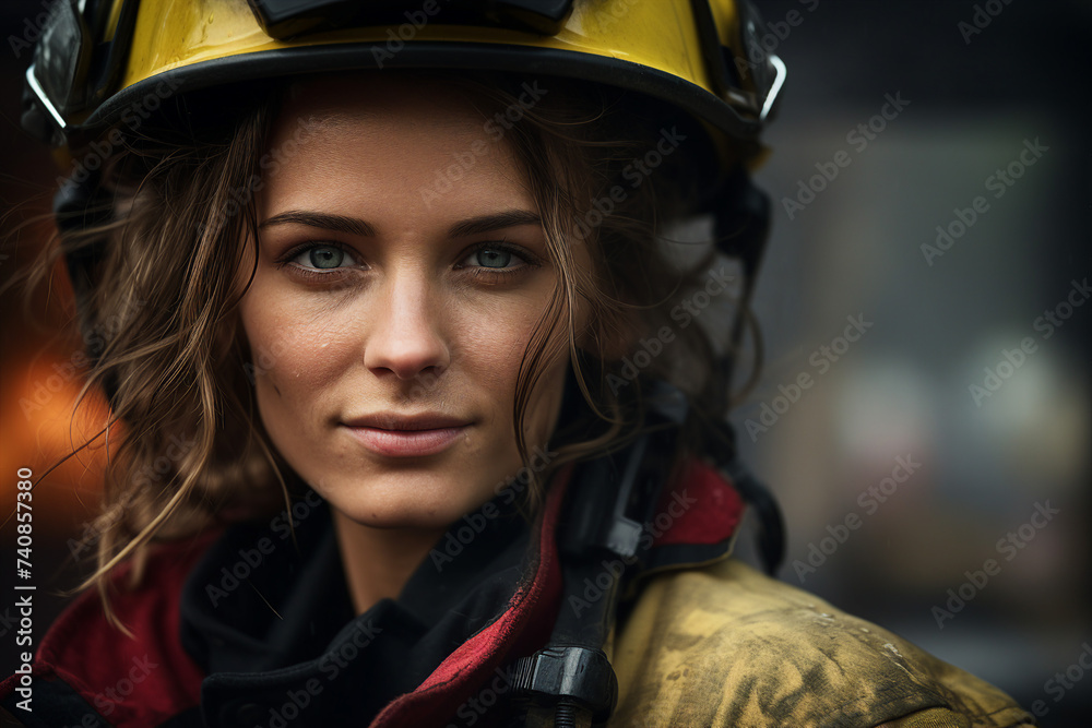 Generative AI image of a determined female rescue worker in action wearing helmet