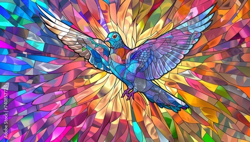 a stained glass image of a dove with colorful slivers Generative AI photo