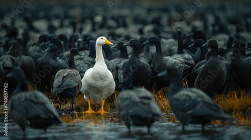 Stand out from the crowd concept White ducks stand out in a flock of black ducks. photo