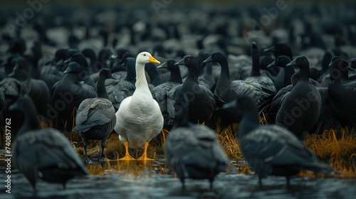 Stand out from the crowd concept White ducks stand out in a flock of black ducks.