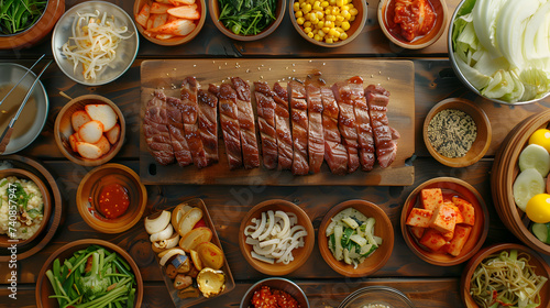 Korean Barbecue Feast with Side Dishes