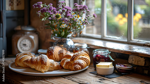 Rustic Breakfast Table with Fresh Croissants and Flowers