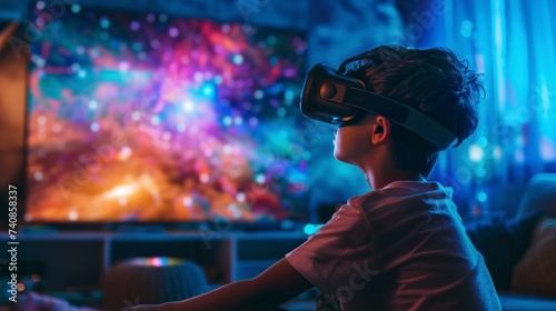 boy in his room playing with virtual reality glasses in front of his TV at night in high resolution