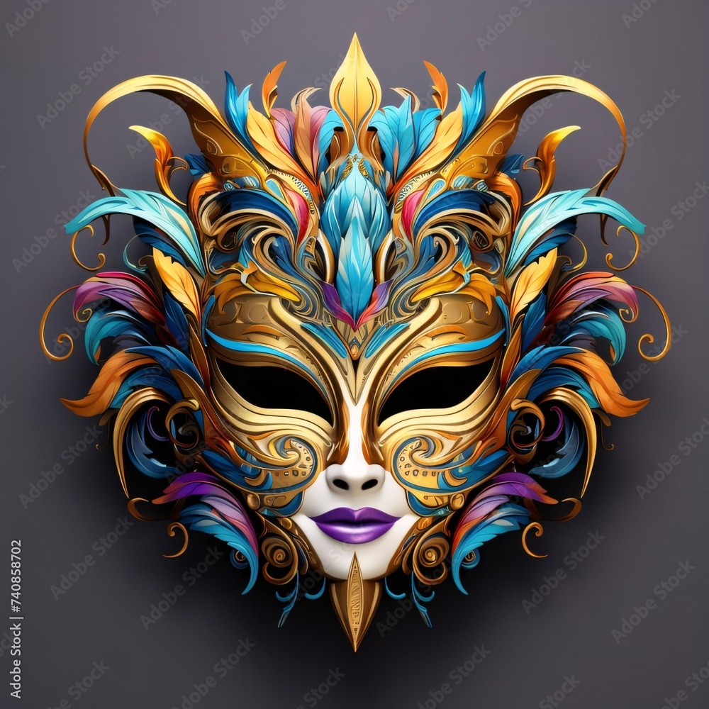 Carnival mask with colorful decorations gray background. Carnival outfits, masks and decorations.
