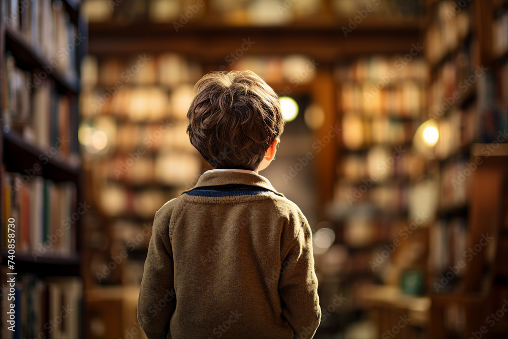 Generative AI photo of adorable cute little child in library with many books Generative AI photo of adorable cute little child in library with many books