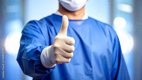 Cirujano con bata azul y mascarilla. Manos con el pulgar hacia arriba. Médico dando buenas noticias. IA.