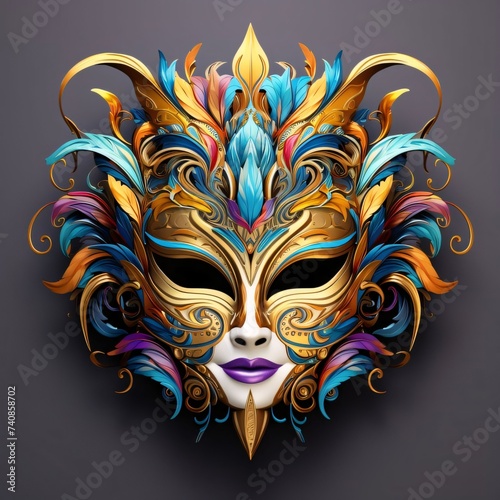 Carnival mask with colorful decorations gray background. Carnival outfits, masks and decorations.