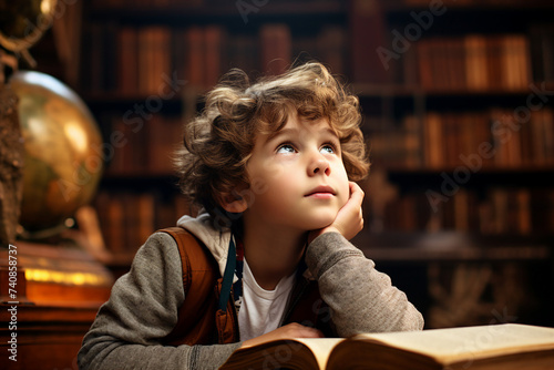 Generative AI photo of clever cute little child bookworm among the library shelves photo