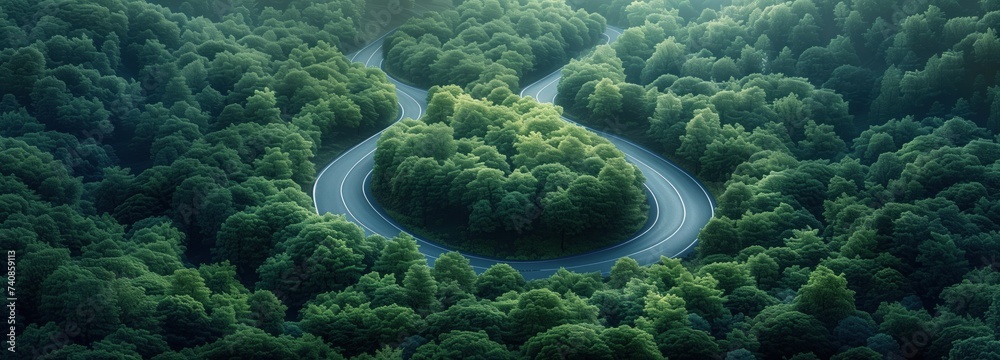 drone view of a highway through a green forest - obrazy, fototapety, plakaty 