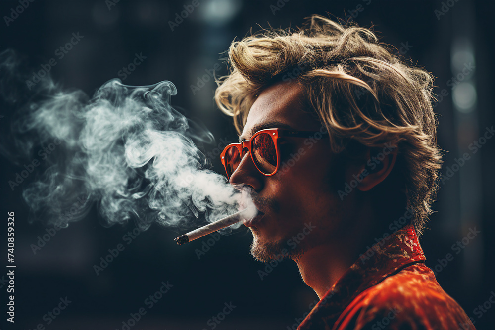Fototapeta premium Bearded middle aged man smoking a vape lots of smoke generative AI concept