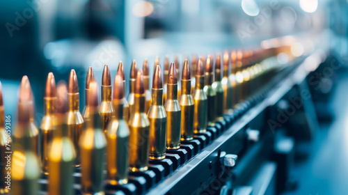 Ammunition assembly line with bullets, shallow depth of field. photo