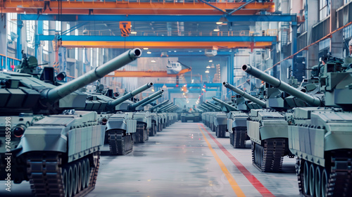 Military tanks in production line at an armament factory.