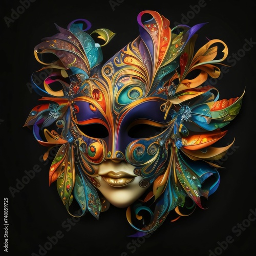 Decorated colorful carnival mask with feathers, black background. Carnival outfits, masks and decorations.