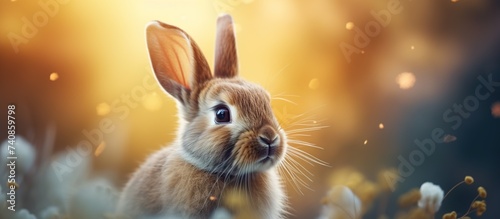 Cute rabbit on a sun light with smooth shiny bokeh background. Happy Easter day celebration concept backdrop.