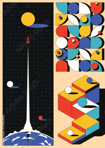 Fototapeta Naklejka Na Ścianę i Meble -  Abstract Dimension Poster, Geometric Shapes, Retro Colors. Space Rocket starts, Planet and Stars. Abstract Space Illustration 
