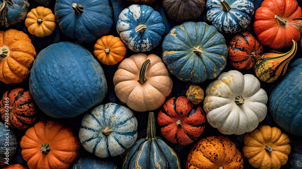 A group of pumpkins on a blue color marble A group of pumpkins on a blue color marble