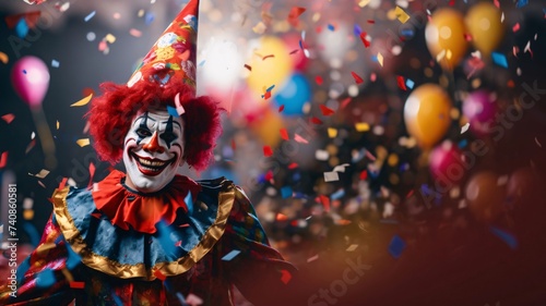 A clown in a colorful, funny costume all around smeared balloons, falling colorful confetti banner with a space for its own content. Carnival outfits, masks and decorations. © Hawk