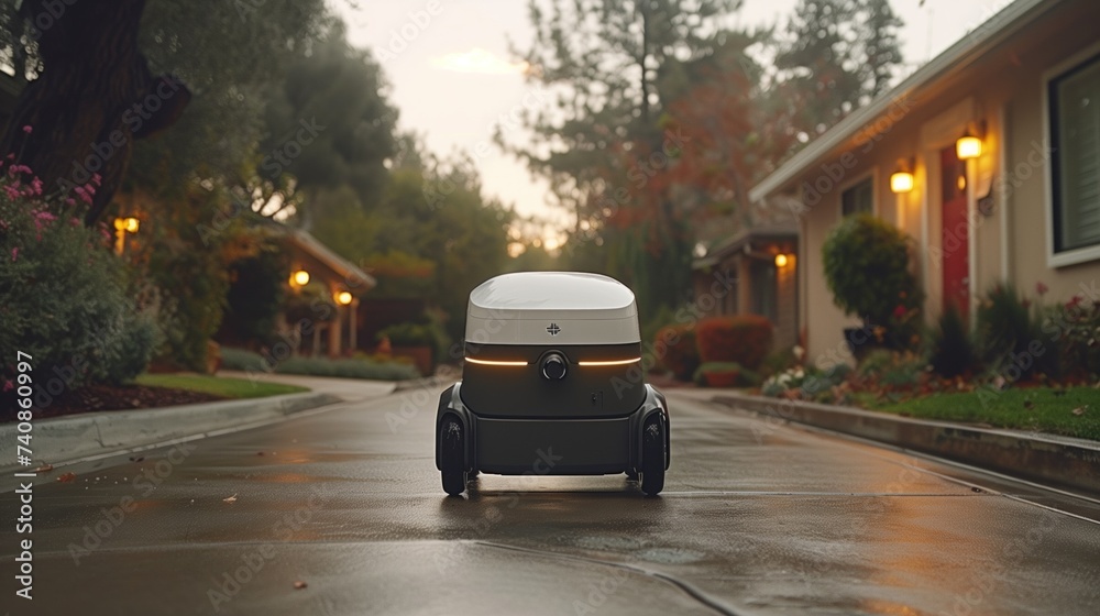 Modern robot drone performs storage and load parcel boxes to customers at home
