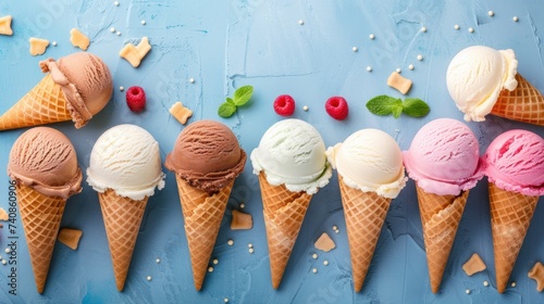 Assorted Ice Cream Cones with Fresh Berries on Blue