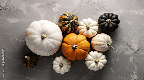 A group of pumpkins on a dark white color marble