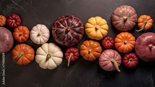 A group of pumpkins on a dark red color marble