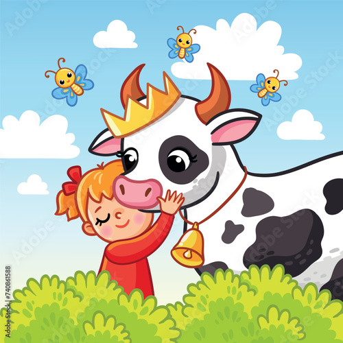 Girl hugs a cute cow in the summer with butterflies. Vector illustration with a child in a cartoon style.