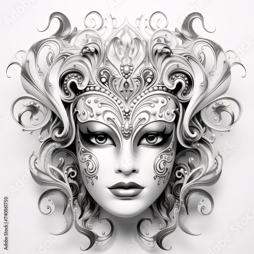Black and white carnival mask with decorations, white isolated background. Carnival outfits, masks and decorations.
