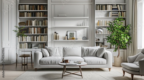 Comfortable living room interior with grey sofa and bookshelf white wall near houseplant in pot, white round coffee table over a grey knitted rug. Minimalist Scandinavian living room design