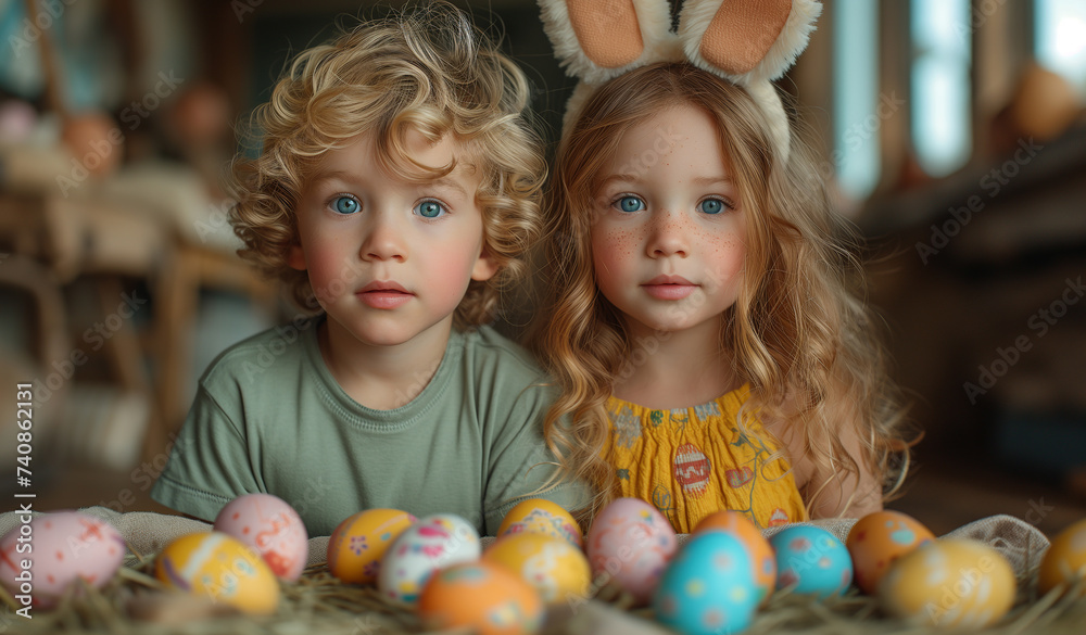 Fototapeta premium Two siblings with mesmerizing blue eyes, one wearing bunny ears, are lying down behind row of intricately patterned Easter eggs, creating charming and tender Easter scene.