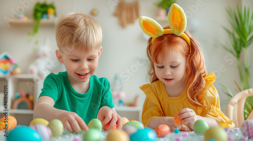 Cheerful boy and girl, with bunny ears, share playful moment while arranging colorful collection of Easter eggs on bright and cozy kitchen table.