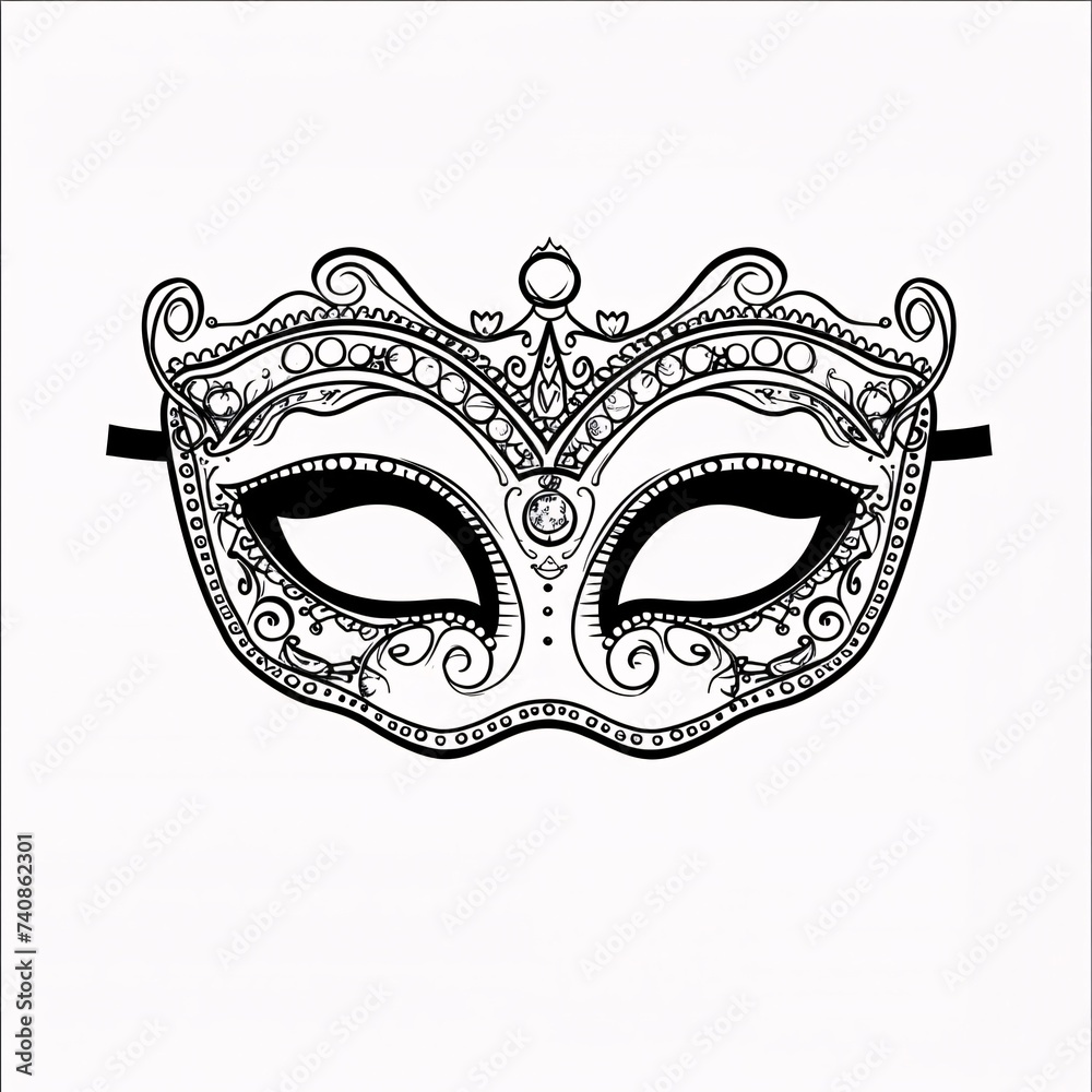 Black and white carnival eye mask with decorations, white isolated background. Coloring sheet. Carnival outfits, masks and decorations. Black and white carnival eye mask with decorations, white isolated background. Coloring sheet. Carnival outfits, masks and decorations.