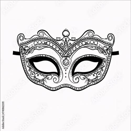 Black and white carnival eye mask with decorations, white isolated background. Coloring sheet. Carnival outfits, masks and decorations.