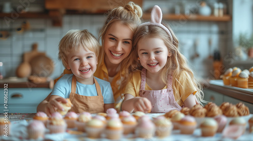 Happy Easter. Mother and her son and daughter, adorned with floral crowns and one with bunny ears, share joyful moment decorating cupcakes in kitchen filled with rustic charm.