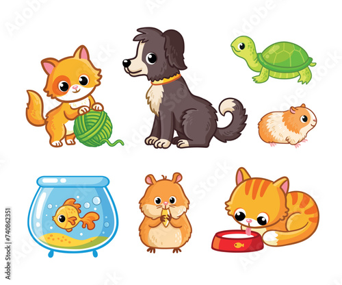 Vector set of cute home animal pet - cat, dog, hamster, turtle, guinea pig, and goldfish. Vector cartoon illustration Isolated © svaga