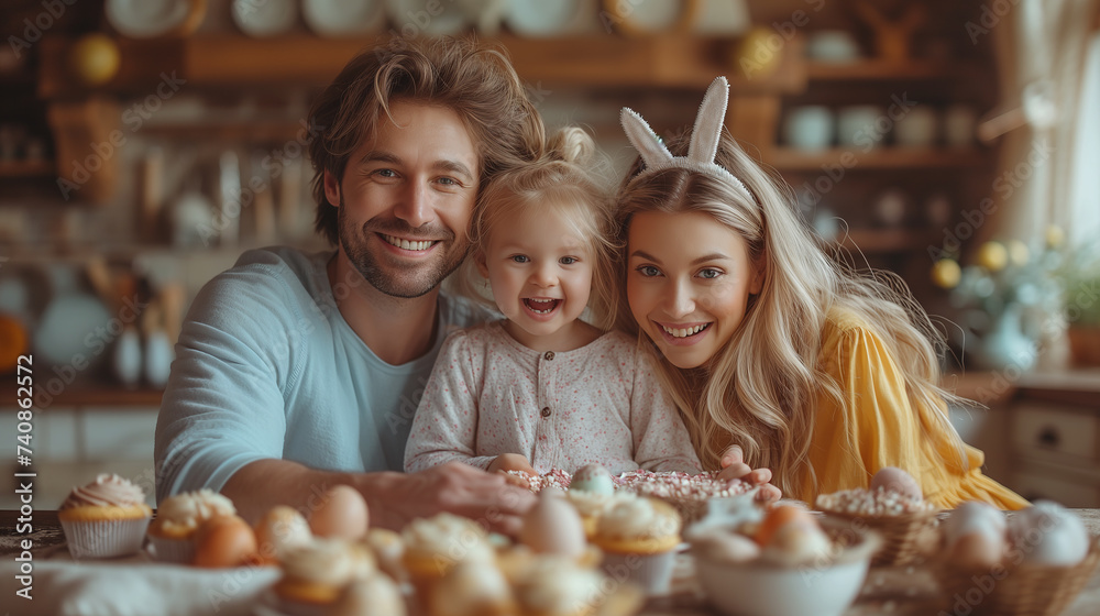 Happy smiling family at table with Easter eggs. Festive clothes with decorative bunny ears create cozy Easter atmosphere Happy smiling family at table with Easter eggs. Festive clothes with decorative bunny ears create cozy Easter atmosphere