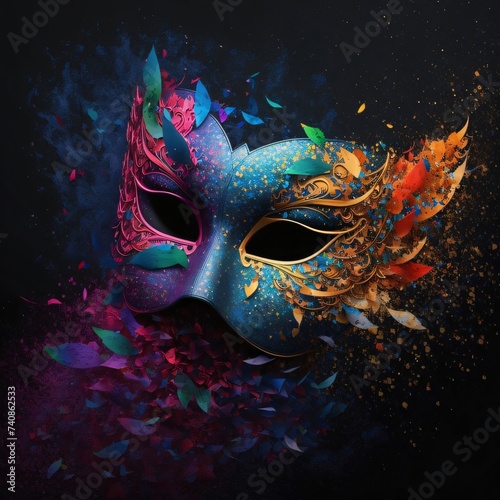 Carnival eye mask with colorful decorations, dark background Holi powder. Carnival outfits, masks and decorations. © Hawk