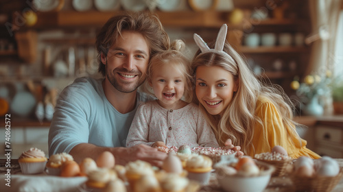 Happy smiling family at table with Easter eggs. Festive clothes with decorative bunny ears create cozy Easter atmosphere