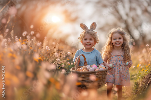 Morning sunny day. Two young children, boy and girl with bunny ears, are engrossed in examining basket full of colorful Easter eggs amidst field of wildflowers.