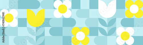 Seamless geometric summer background from flowers ornament, bright textiles and wallpaper. Daisies and bells in yellow and blue sunny shades for packaging goods and gifts.
