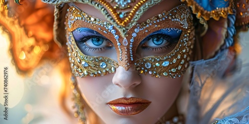 Face of a woman in an eye mask with fine gemstone ornaments. Carnival outfits, masks and decorations.