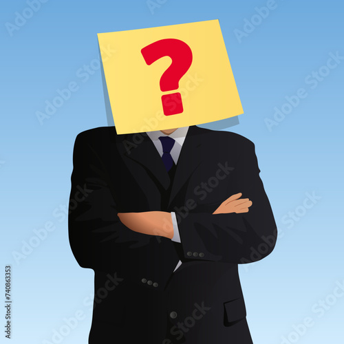 Concept de l’énigme et du suspense avec un homme en costume qui a le visage caché un point d’interrogation inscrit sur une feuille.