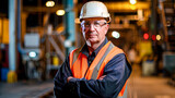 Confident industrial worker with hard hat and safety vest in a manufacturing plant.