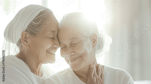 Affectionate embrace between a smiling elderly woman and a young woman, depicting family love.