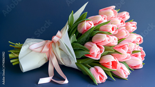 A bouquet of pink and white tulips wrapped in paper with a satin ribbon on a dark blue background.