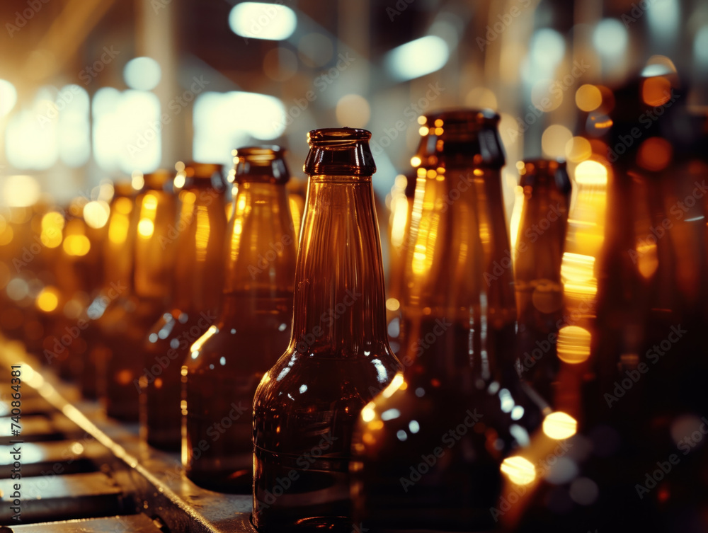 Low-angle shot captures multiple brown glass bottles illuminated by abundant background light.