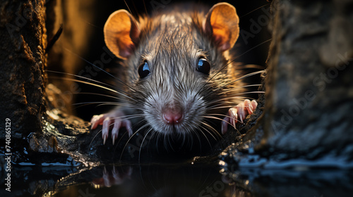 A close-up photograph of a wary rat, its fur damp and matted, peering out from the shadows of a rusted sewer pipe.